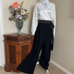 Eliza J Black/White Satin Wide Leg Wrap Jumpsuit